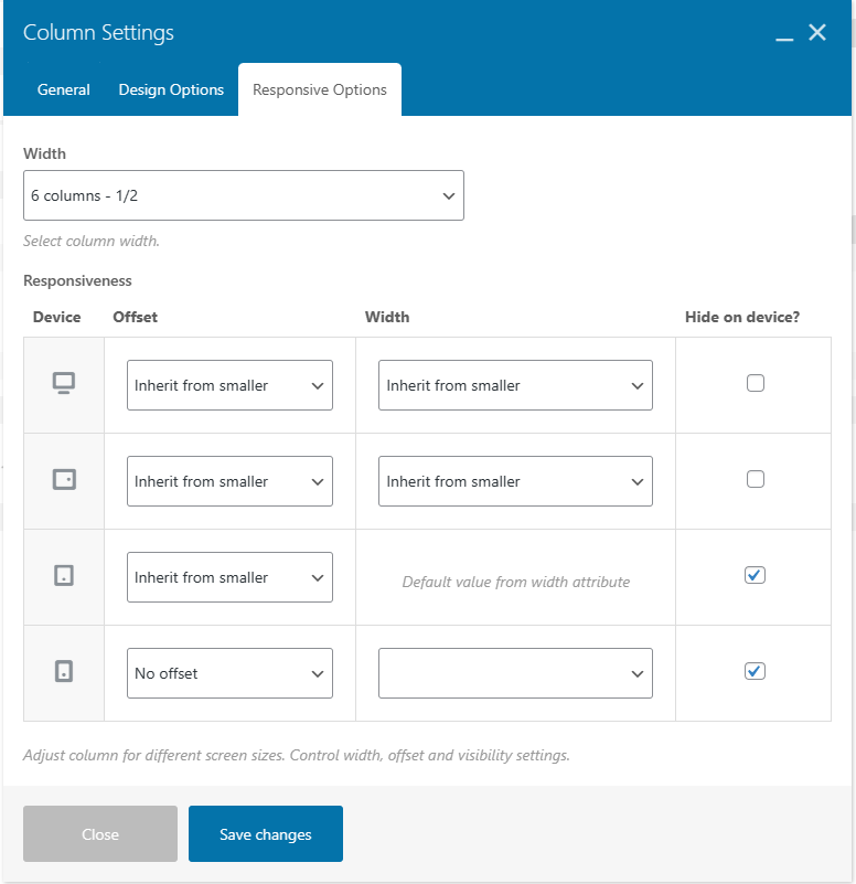 Responsive Column dialog