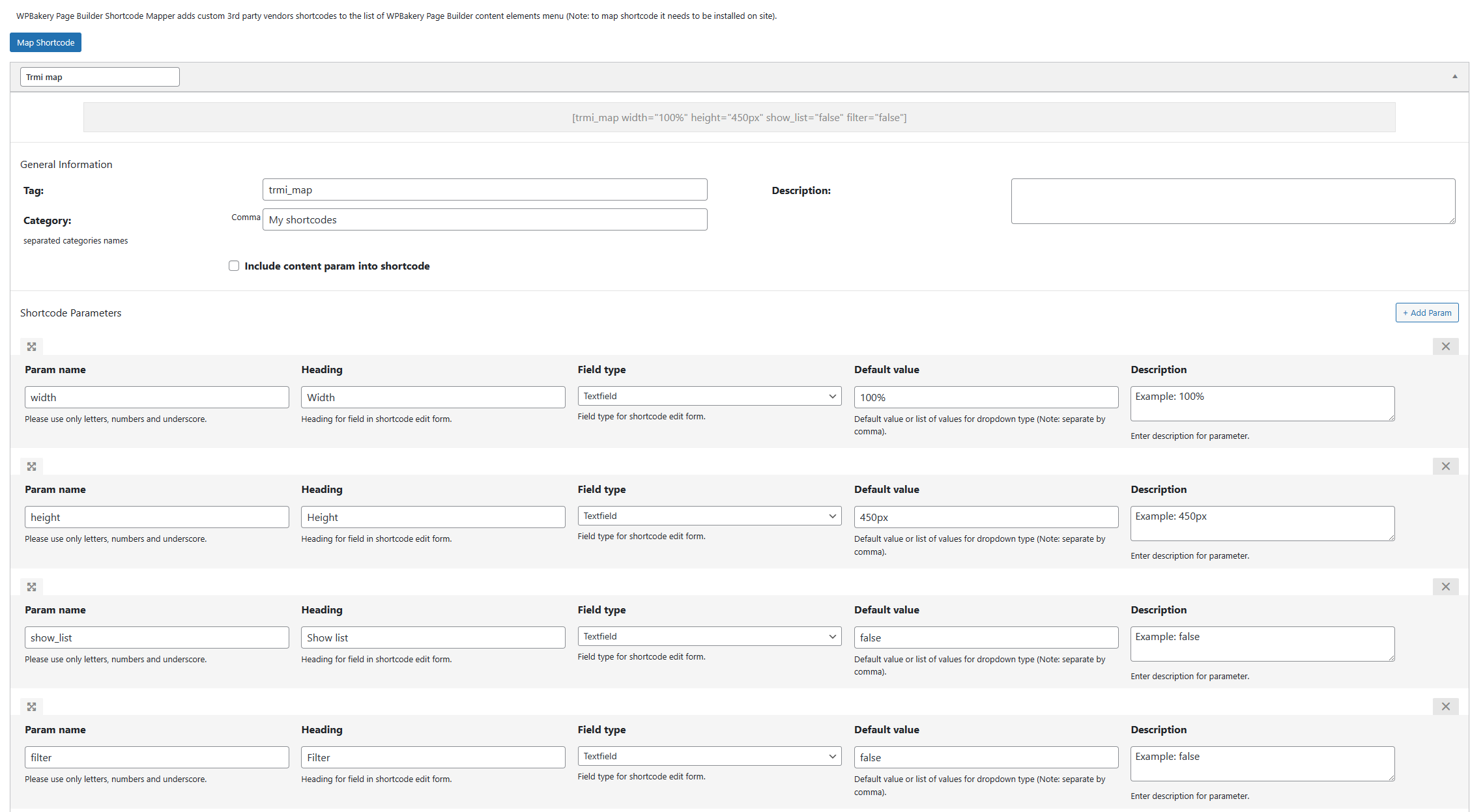 The configuration grid for the WP Bakery Shortcode Mapper