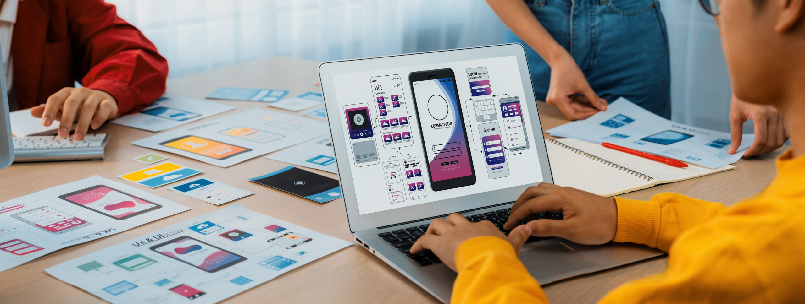 Panorama banner of startup company employee planning on user interface. Synergic