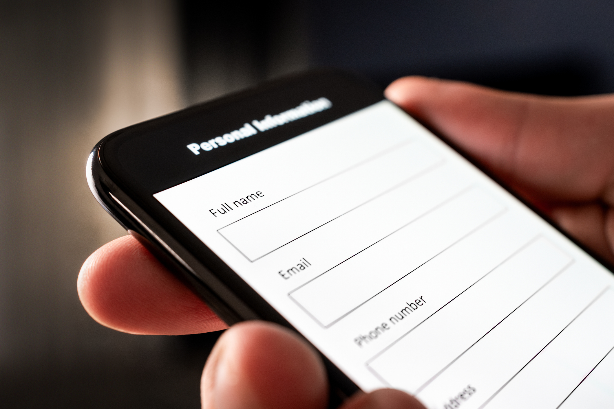 Form and online register in phone. Data in mobile survey. Personal information in questionnaire or digital registration on website. Web application with smartphone.
