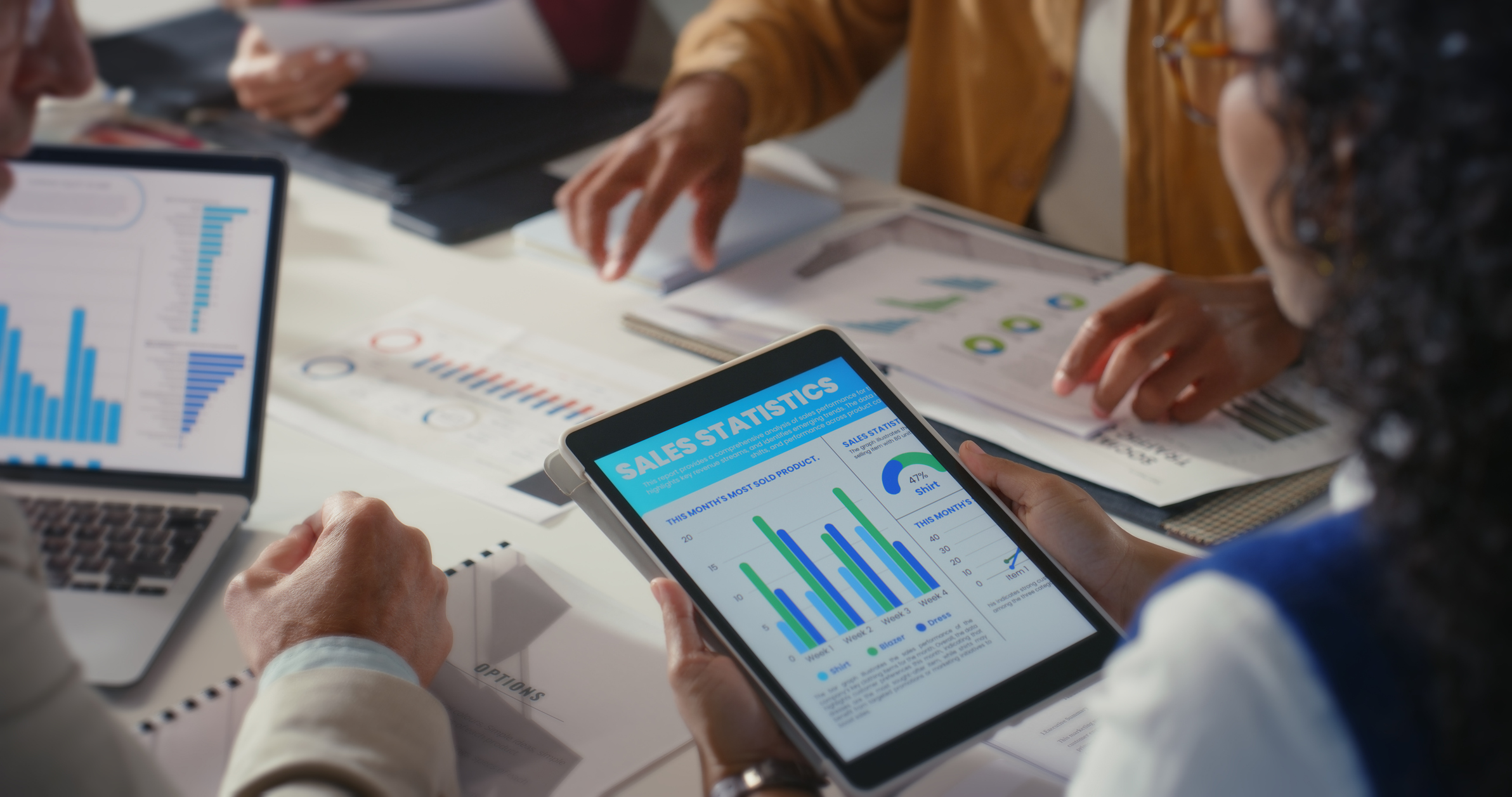 Team, hands and data analysis in office with tablet screen, track ecommerce sales and income report. People, meeting and tech in small business with graphs, revenue stats and monitor performance.